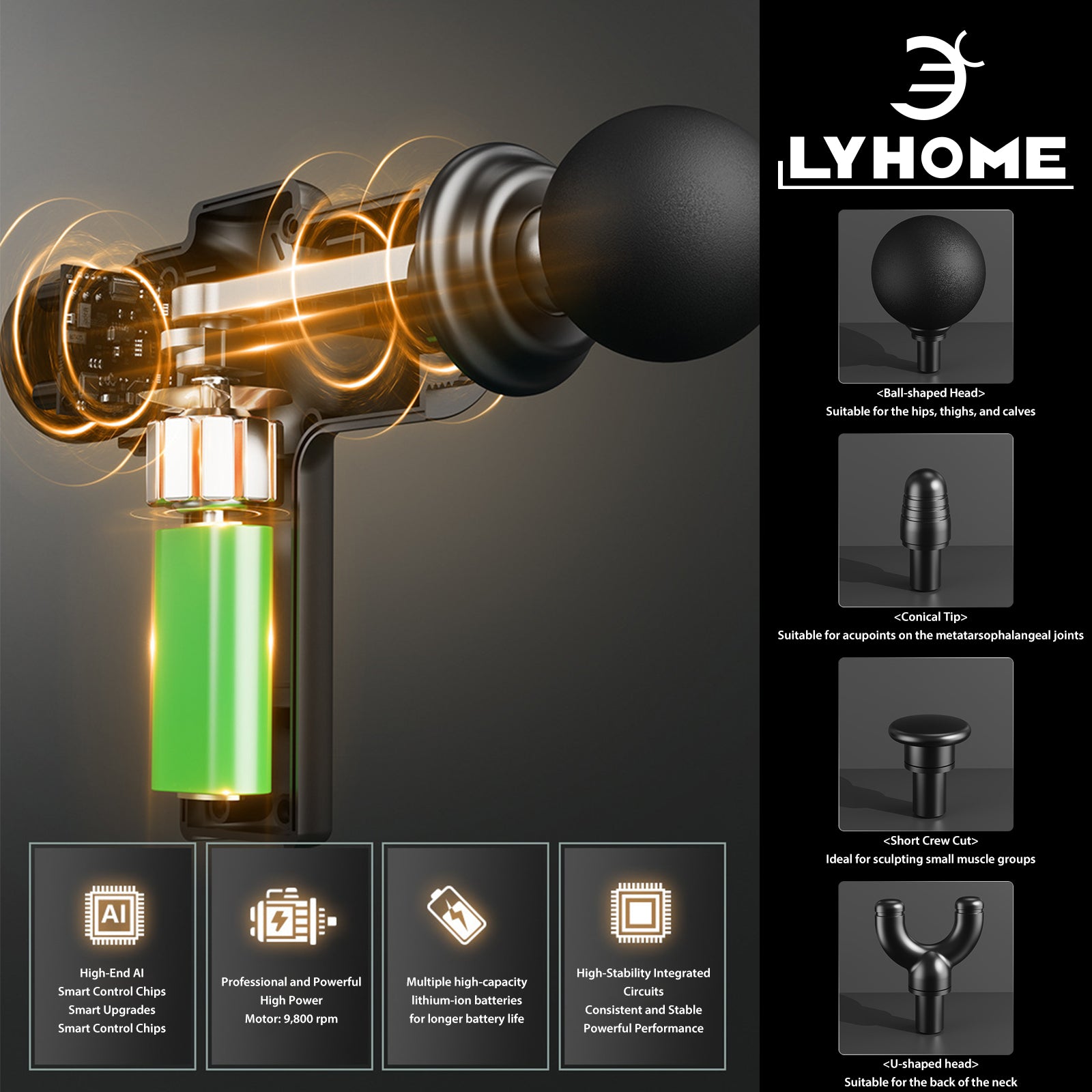 LYHOME Super Mini Massage Gun Deep Tissue, Handheld Muscle Massager with 4 Heads, Percussion Travel Size Massager Gun FSA Eligible for Men Women Back Relief, Quiet for Home, Gym, Office, HSA, Black