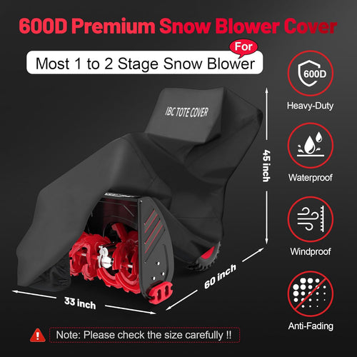 IBC TOTE COVER Snow Blower Cover - Standard Size, Basic Black, Waterproof Cover Protection, Heavy Duty Tear-Resistant Marine-Grade Fabric, Universal Fit for Two Stage Snow Blowers