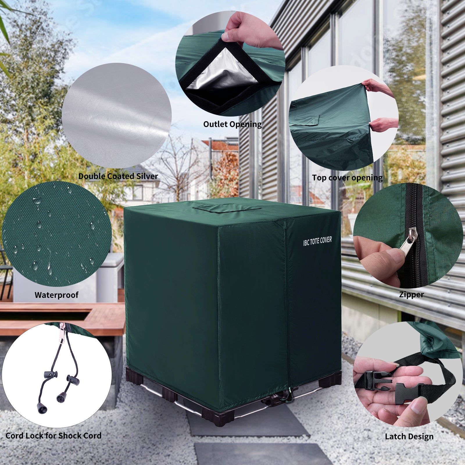 IBC Tote Protective Cover - 600D Heavy Duty, Waterproof, Anti-Dust, Sun Protective for 275 Gallon Water Tank Green