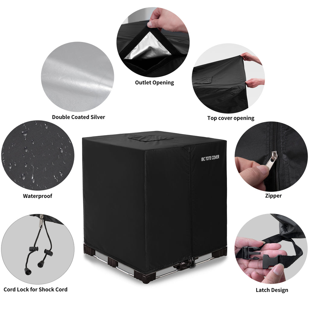 IBC Tote Protective Cover - 600D Heavy Duty, Waterproof, Anti-Dust, Sun Protective for 275 Gallon Water Tank Blcak